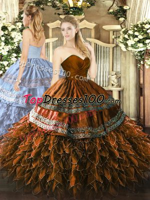 Glorious Sleeveless Organza and Taffeta Floor Length Zipper Sweet 16 Dresses in Brown with Embroidery and Ruffles
