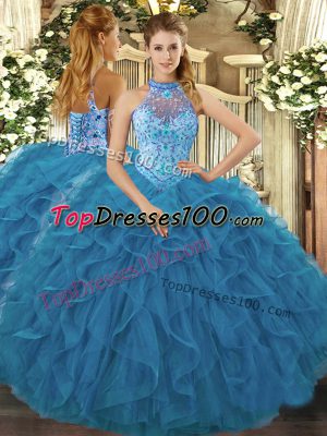 Enchanting Teal Lace Up 15th Birthday Dress Embroidery and Ruffles Sleeveless Floor Length