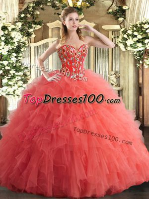Artistic Ball Gowns Sweet 16 Quinceanera Dress Watermelon Red Sweetheart Tulle Sleeveless Floor Length Lace Up