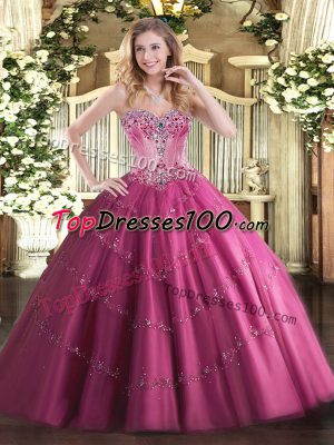 Sweet Floor Length Fuchsia Sweet 16 Dresses Sweetheart Sleeveless Lace Up