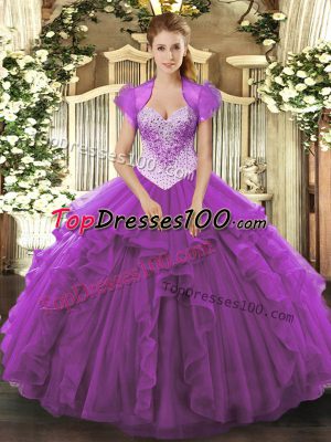 Floor Length Eggplant Purple Sweet 16 Dress Tulle Sleeveless Beading