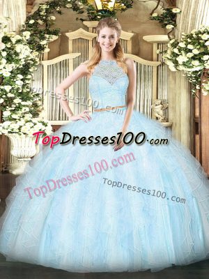 Light Blue Tulle Zipper Sweet 16 Dress Sleeveless Floor Length Lace and Ruffles