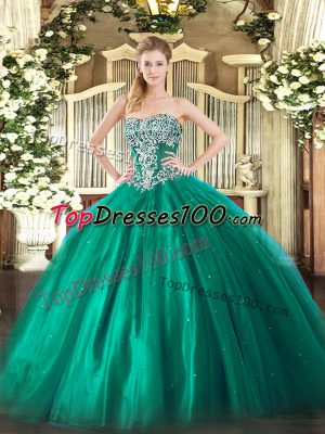 Dazzling Turquoise Strapless Lace Up Beading Quince Ball Gowns Sleeveless