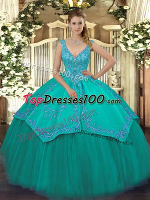 Extravagant Turquoise Sleeveless Floor Length Beading and Embroidery Zipper Sweet 16 Quinceanera Dress