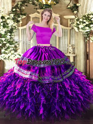 Short Sleeves Organza and Taffeta Floor Length Zipper Quinceanera Dress in Eggplant Purple with Embroidery and Ruffles