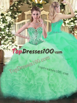 Apple Green Lace Up 15th Birthday Dress Beading and Ruffles and Pick Ups Sleeveless Floor Length