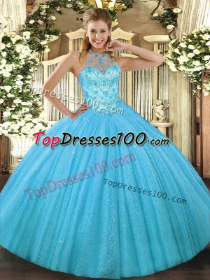 Halter Top Sleeveless Lace Up Sweet 16 Dress Aqua Blue Tulle