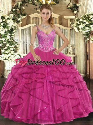 Noble Hot Pink Sleeveless Floor Length Beading and Ruffles Lace Up Quinceanera Gowns