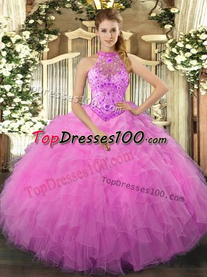 Edgy Halter Top Sleeveless Lace Up Sweet 16 Dresses Rose Pink Organza