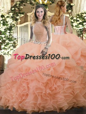 Fashion Organza Sleeveless Floor Length Quinceanera Gowns and Beading and Ruffles and Pick Ups