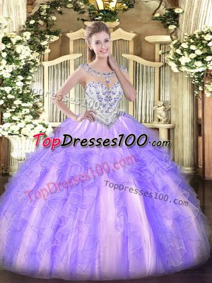 Sexy Lavender Tulle Zipper Quinceanera Dresses Sleeveless Floor Length Beading and Ruffles