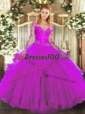 Modern Fuchsia Lace Up Scoop Lace and Ruffles Ball Gown Prom Dress Tulle Long Sleeves