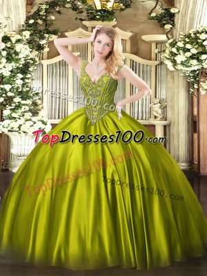 Sweet Floor Length Olive Green Vestidos de Quinceanera V-neck Sleeveless Lace Up