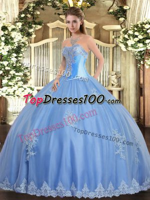 Sweetheart Sleeveless Quinceanera Gowns Floor Length Beading and Appliques Baby Blue Tulle