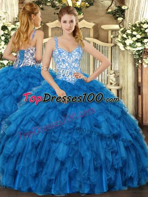 Blue Sleeveless Organza Lace Up 15th Birthday Dress for Sweet 16 and Quinceanera