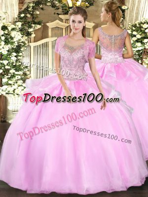 Perfect Sleeveless Tulle Floor Length Clasp Handle Quince Ball Gowns in Baby Pink with Beading and Ruffles