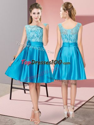 Blue Satin Zipper Homecoming Dress Sleeveless Knee Length Lace and Hand Made Flower