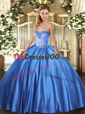 Sleeveless Floor Length Beading Lace Up Ball Gown Prom Dress with Blue