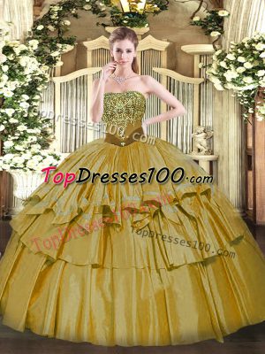 Traditional Brown Sleeveless Beading and Ruffled Layers Floor Length Quinceanera Gown