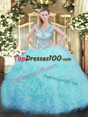 Aqua Blue Sleeveless Floor Length Beading and Ruffles and Pick Ups Lace Up Ball Gown Prom Dress