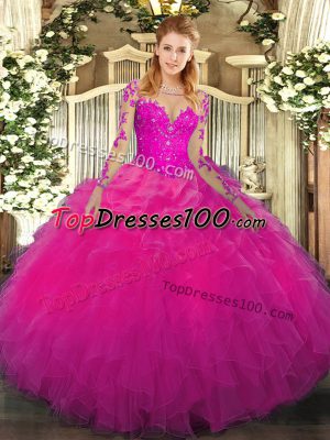 Most Popular Fuchsia Long Sleeves Organza Lace Up 15 Quinceanera Dress for Military Ball and Sweet 16 and Quinceanera