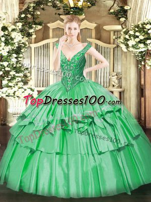 Dramatic V-neck Sleeveless Lace Up Sweet 16 Dress Green Organza and Taffeta