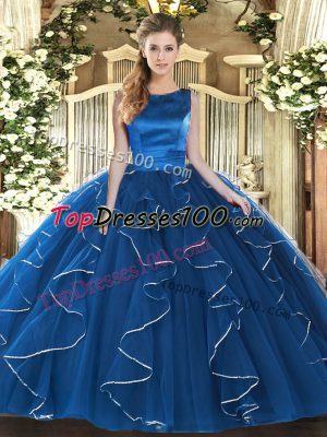 Chic Ball Gowns Sweet 16 Dress Blue Scoop Tulle Sleeveless Floor Length Lace Up