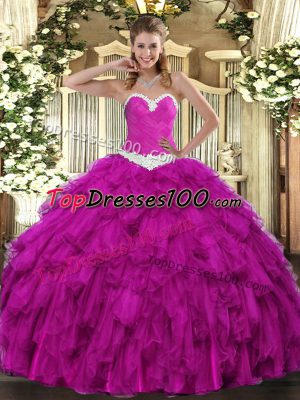 Floor Length Fuchsia Quinceanera Dresses Organza Sleeveless Appliques and Ruffles
