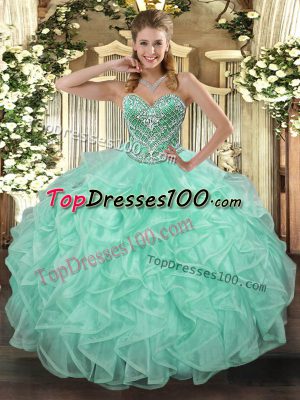 Apple Green Lace Up Quinceanera Dresses Beading and Ruffles Sleeveless Floor Length
