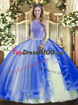 Best Blue Tulle Lace Up Quinceanera Dresses Sleeveless Floor Length Beading and Ruffles