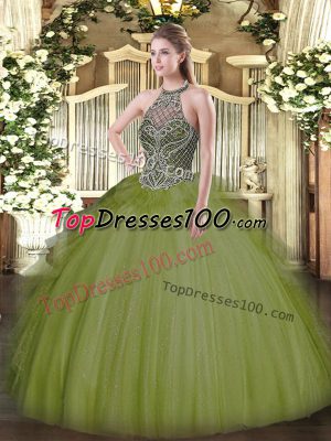 Halter Top Sleeveless Tulle Sweet 16 Dress Beading Lace Up