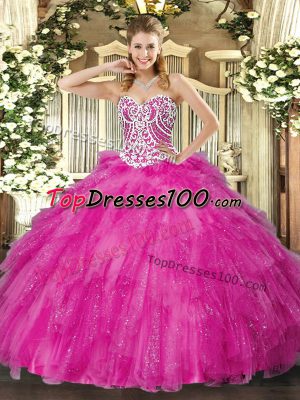 Amazing Sleeveless Floor Length Beading and Ruffles Lace Up Sweet 16 Quinceanera Dress with Fuchsia