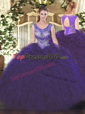 Cute Beading and Ruffles Quinceanera Gowns Purple Lace Up Sleeveless Floor Length