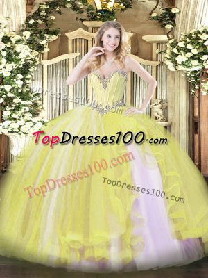 Discount Yellow Sleeveless Beading and Ruffles Floor Length Ball Gown Prom Dress