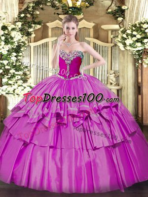 Lilac Sweet 16 Quinceanera Dress Military Ball and Quinceanera with Beading and Ruffled Layers Sweetheart Sleeveless Lace Up
