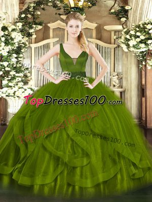 Ball Gowns Quinceanera Gowns Olive Green Straps Tulle Sleeveless Floor Length Zipper