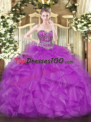 High End Fuchsia Ball Gowns Beading and Ruffles 15th Birthday Dress Lace Up Organza Sleeveless Floor Length