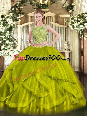 Olive Green Lace Up 15 Quinceanera Dress Beading and Ruffles Sleeveless Floor Length