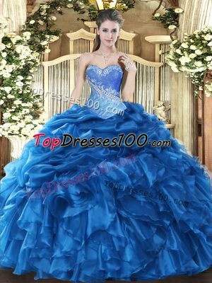 High Class Floor Length Lace Up Sweet 16 Quinceanera Dress Blue for Military Ball and Sweet 16 and Quinceanera with Beading and Ruffles and Pick Ups