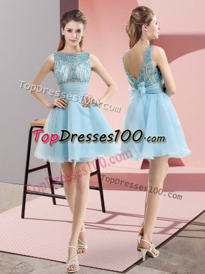 Mini Length Aqua Blue Prom Dress Bateau Sleeveless Backless