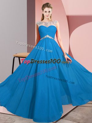 Blue Empire Chiffon Scoop Sleeveless Beading Floor Length Clasp Handle Prom Dresses