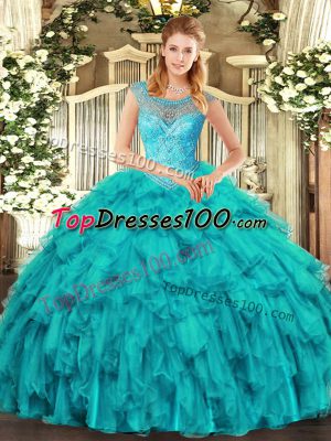 Traditional Floor Length Ball Gowns Sleeveless Aqua Blue Quinceanera Gown Lace Up