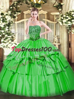 Hot Sale Green Lace Up Strapless Beading and Ruffled Layers Quinceanera Gowns Organza and Taffeta Sleeveless
