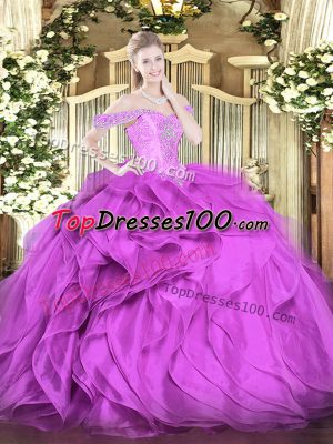 Fashionable Lilac Lace Up Sweet 16 Dress Beading and Ruffles Sleeveless Floor Length
