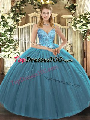 Glorious Teal Tulle Lace Up Quince Ball Gowns Sleeveless Floor Length Beading
