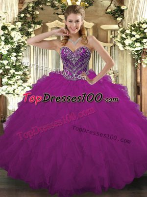 Fuchsia Sweetheart Neckline Beading and Ruffled Layers Quinceanera Gowns Sleeveless Lace Up