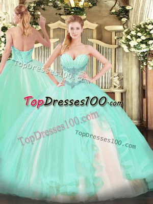 Latest Apple Green Sleeveless Beading and Ruffles Floor Length Vestidos de Quinceanera