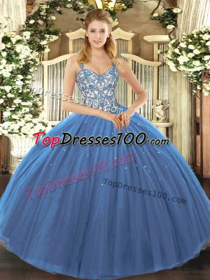 Navy Blue Ball Gowns Tulle Straps Sleeveless Appliques Floor Length Lace Up Quinceanera Gown
