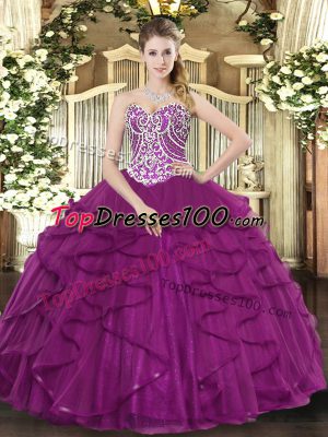 Sleeveless Floor Length Beading and Ruffles Lace Up Vestidos de Quinceanera with Fuchsia