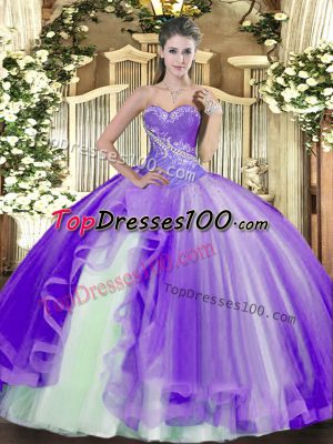 Lavender Sleeveless Tulle Lace Up Quinceanera Dresses for Military Ball and Sweet 16